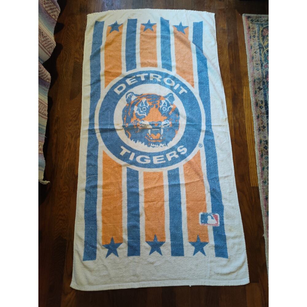 Vintage 1980s Detroit Tigers Orange And Blue Beach Towel MLB Baseball